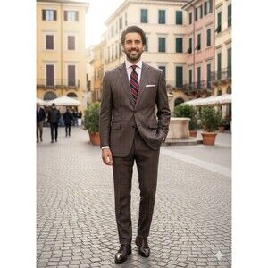STATEMENT Italy Men Brown Plaid Check Suit Super 150 Handmade Wool 50R 44x26 EUC